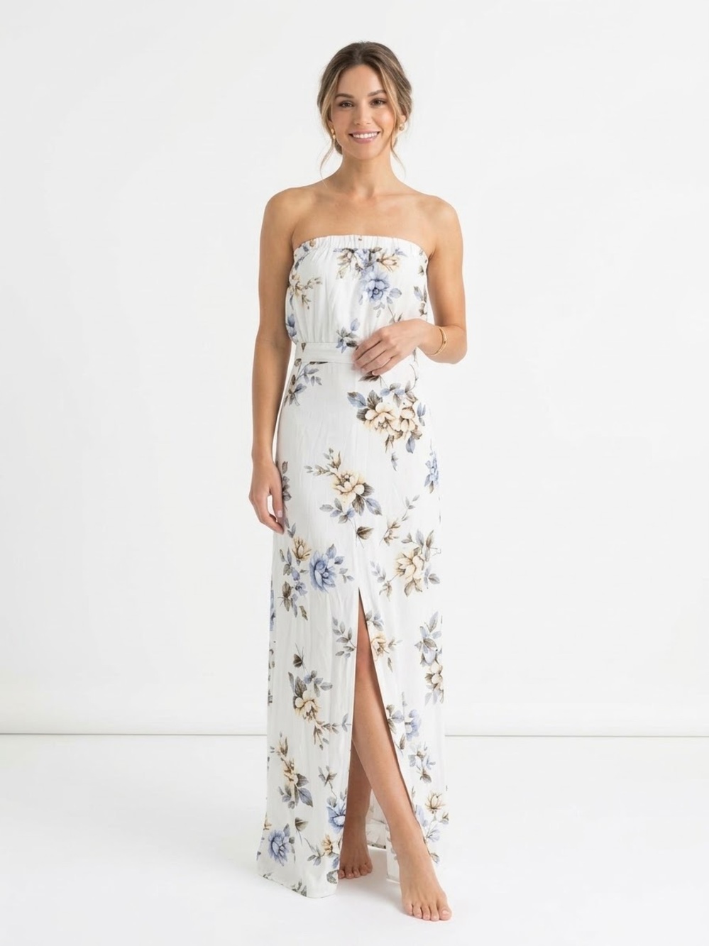 FLYNN SKYE White Floral Strapless Tube Top Maxi Dress - Size Small